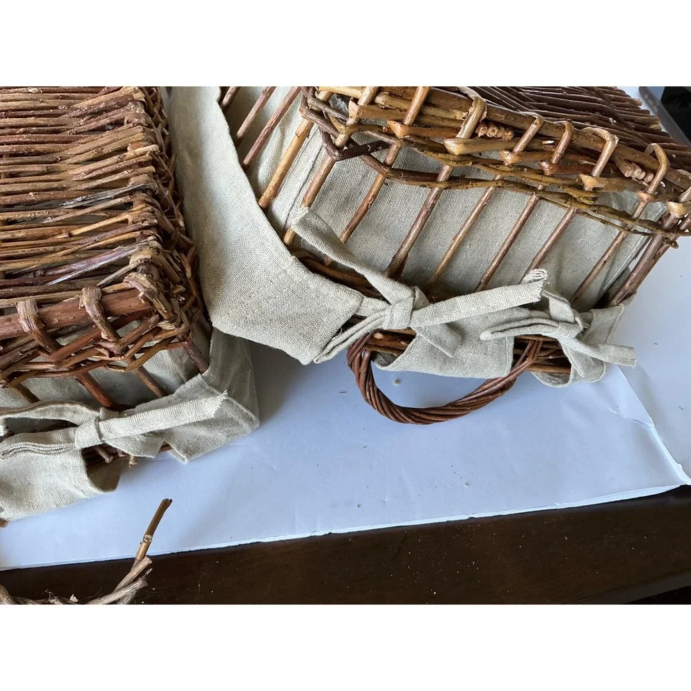 Rustic Twig Nesting Baskets Set of 3 Fabric Lined Brown Farmhouse Home‎
